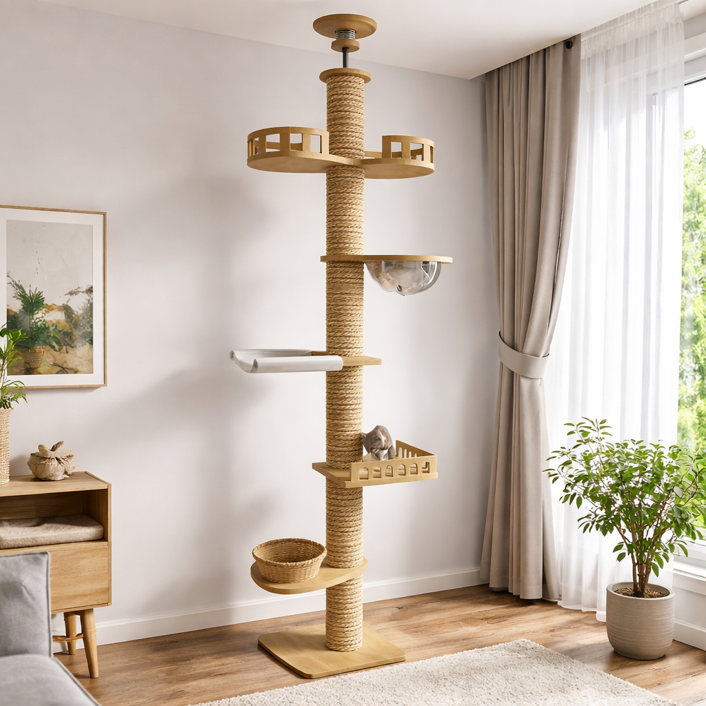 Arbre à chat en bois 250–270 cm fixation plafond avec poteau sisal