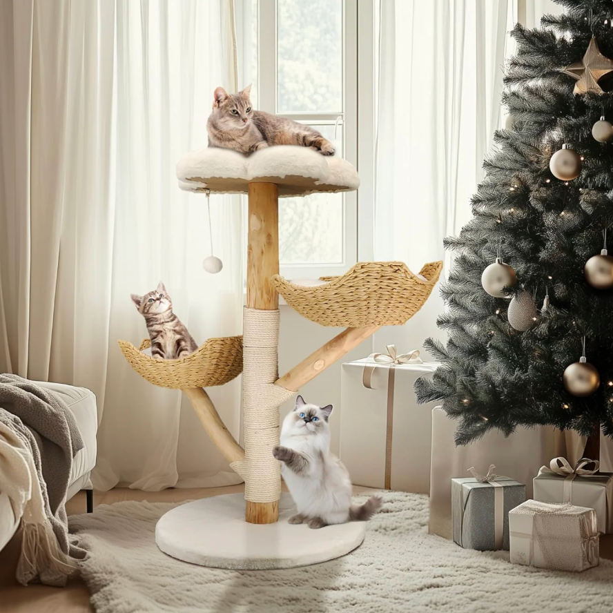 Arbre à chat en bois avec paniers tressés et plateforme 111 cm