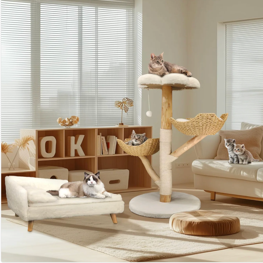 Arbre à chat en bois avec paniers tressés et plateforme 111 cm