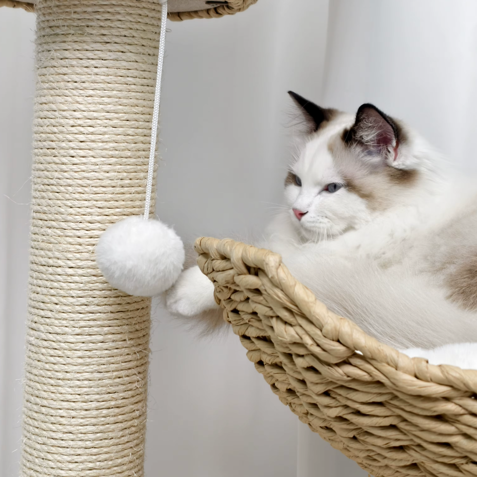 Arbre à chat en bois avec paniers tressés et griffoir en sisal 111 cm