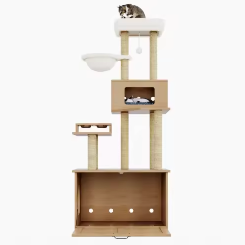 Arbre à chat meuble avec niche, plateforme et compartiment pour bac à litière 173 cm
