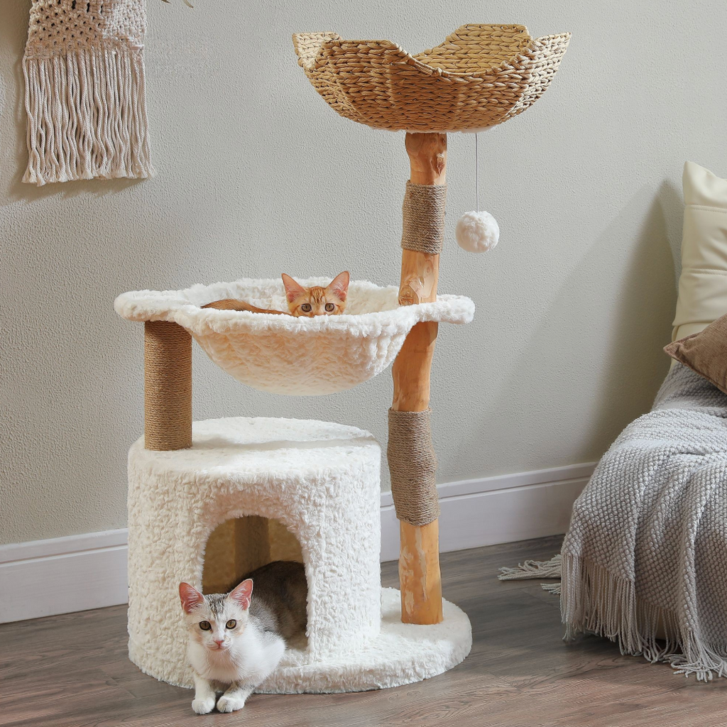 Arbre à chat en bois avec 2 hamacs, niche et poteaux en sisal 102 cm