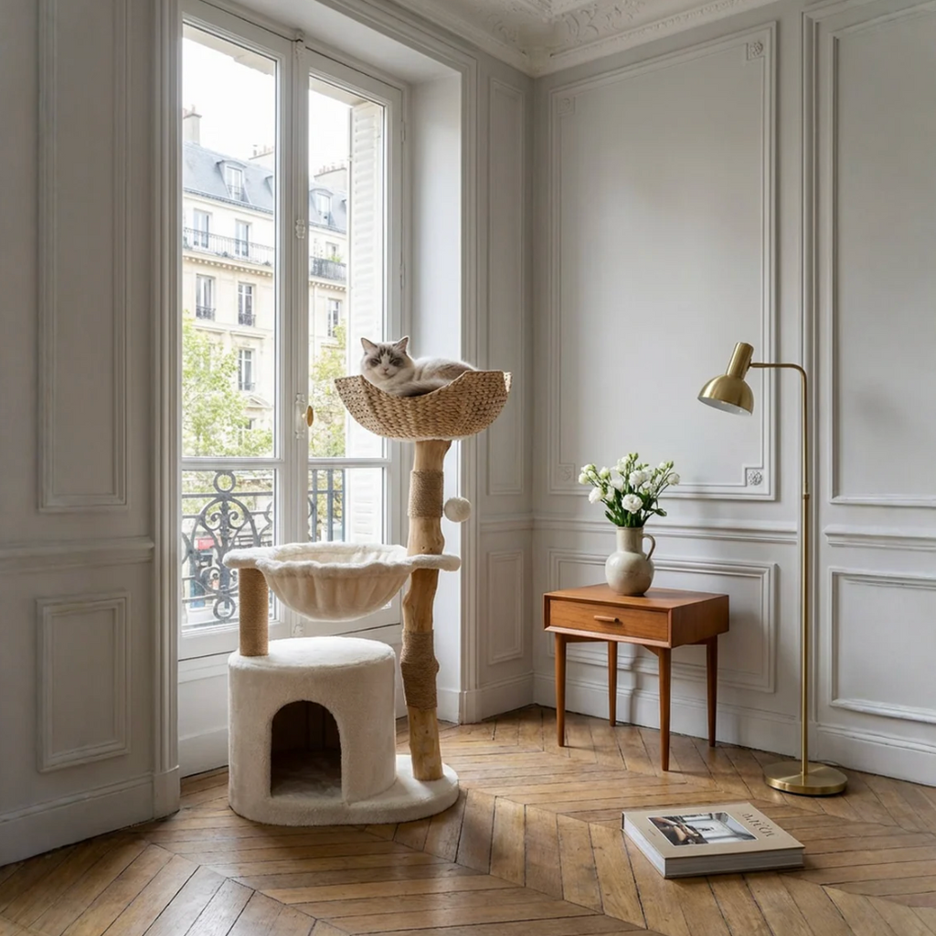 Arbre à chat en bois avec 2 hamacs, niche et poteaux en sisal 102 cm