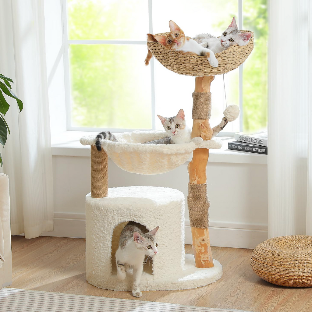 Arbre à chat en bois avec 2 hamacs, niche et poteaux en sisal 102 cm