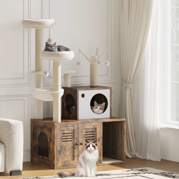 Arbre à chat meuble avec niche, plateformes et compartiment litière 140 cm