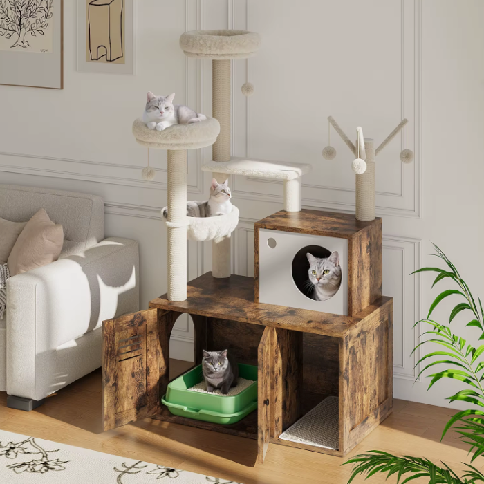 Arbre à chat meuble avec niche, plateformes et compartiment litière 140 cm