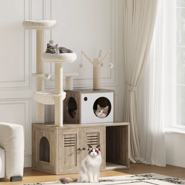 Arbre à chat meuble avec niche, plateformes et compartiment litière 140 cm