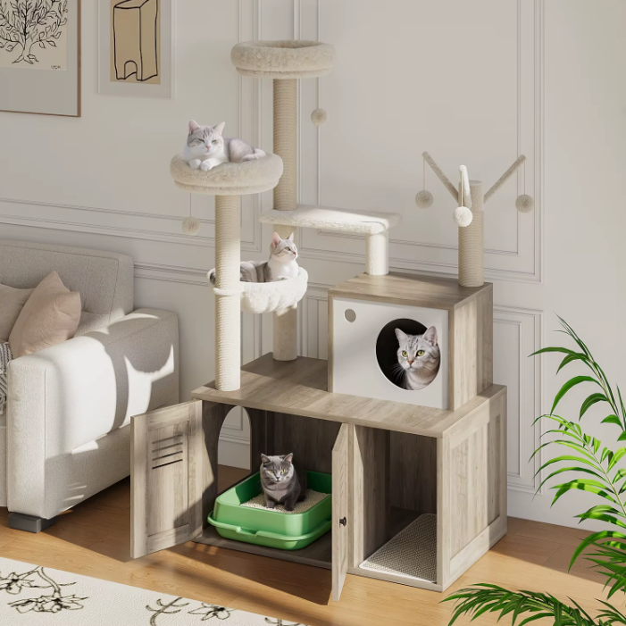 Arbre à chat meuble avec niche, plateformes et compartiment litière 140 cm