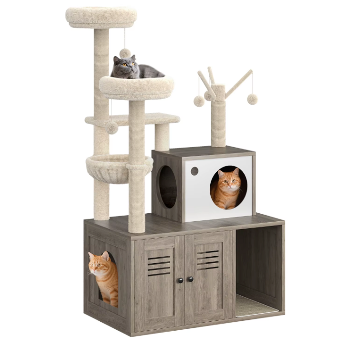 Arbre à chat meuble avec niche, plateformes et compartiment litière 140 cm
