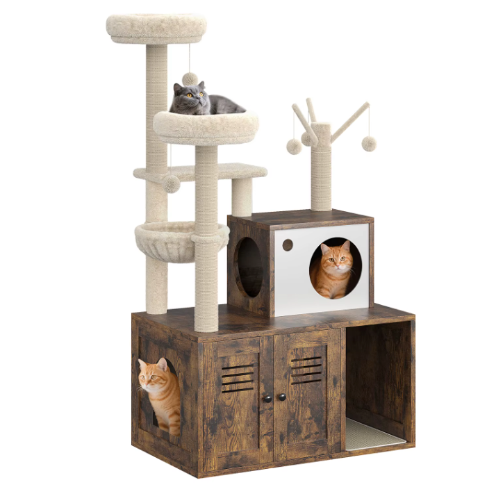 Arbre à chat meuble avec niche, plateformes et compartiment litière 140 cm