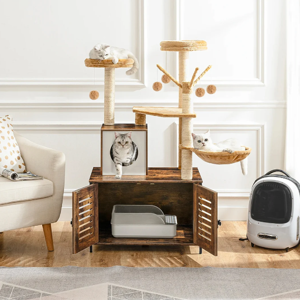 Arbre à chat meuble avec niche, plateformes et compartiment litière 140 cm