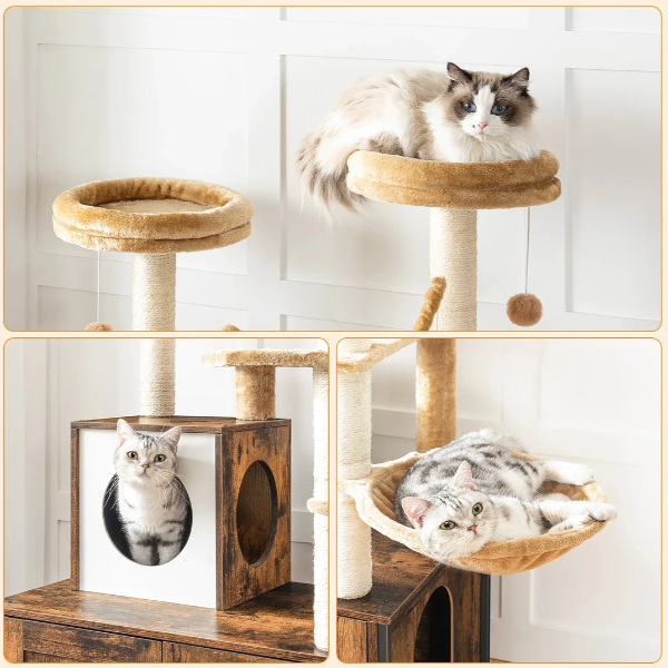 Arbre à chat meuble avec niche, plateformes et compartiment litière 140 cm