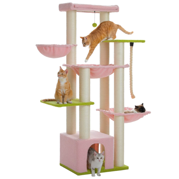 Arbre à chat multi-niveaux 170 cm avec niche, hamacs et poteaux en sisal