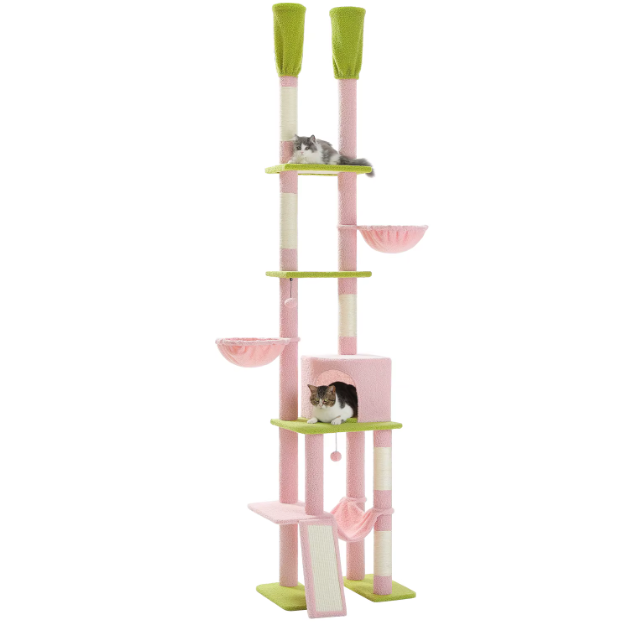 Arbre à chat réglable sol plafond 216–285 cm avec niche, paniers, hamac et poteaux en sisal