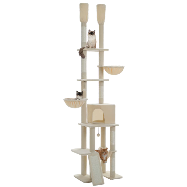 Arbre à chat réglable sol plafond 216–285 cm avec niche, paniers, hamac et poteaux en sisal