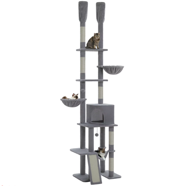 Arbre à chat réglable sol plafond 216–285 cm avec niche, paniers, hamac et poteaux en sisal
