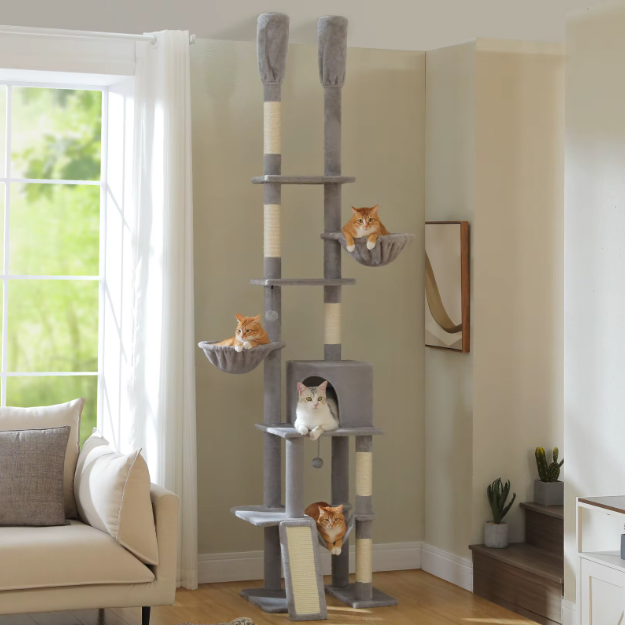 Arbre à chat réglable sol plafond 216–285 cm avec niche, paniers, hamac et poteaux en sisal