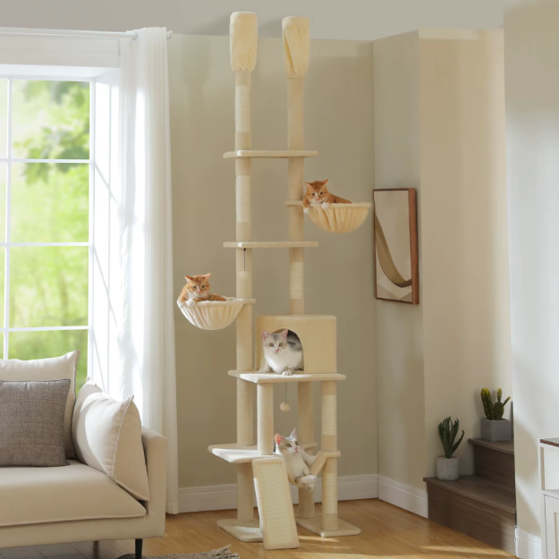 Arbre à chat réglable sol plafond 216–285 cm avec niche, paniers, hamac et poteaux en sisal