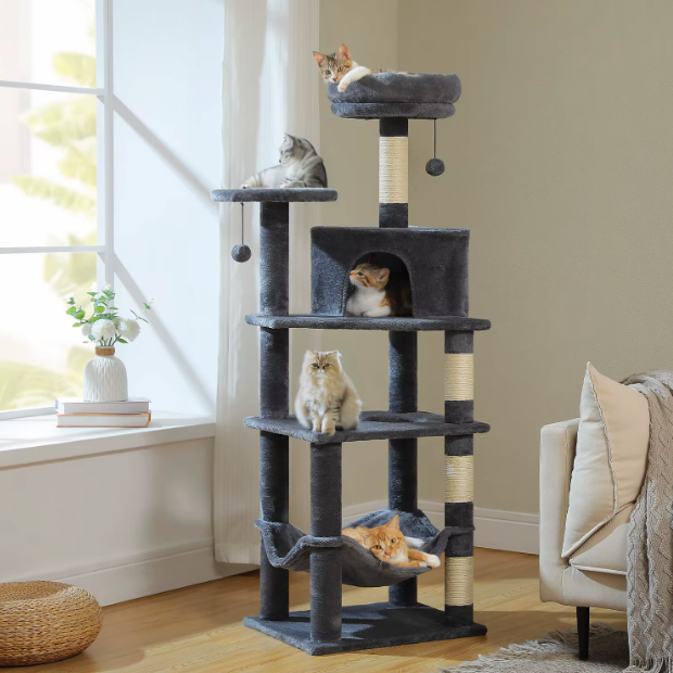 Arbre à chat 140 cm avec niche, hamac et poteaux en sisal