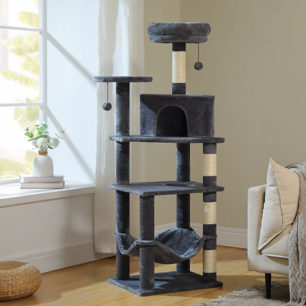 Arbre à chat 140 cm avec niche, hamac et poteaux en sisal