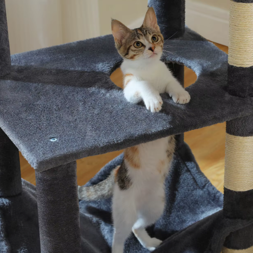 Arbre à chat 140 cm avec niche, hamac et poteaux en sisal