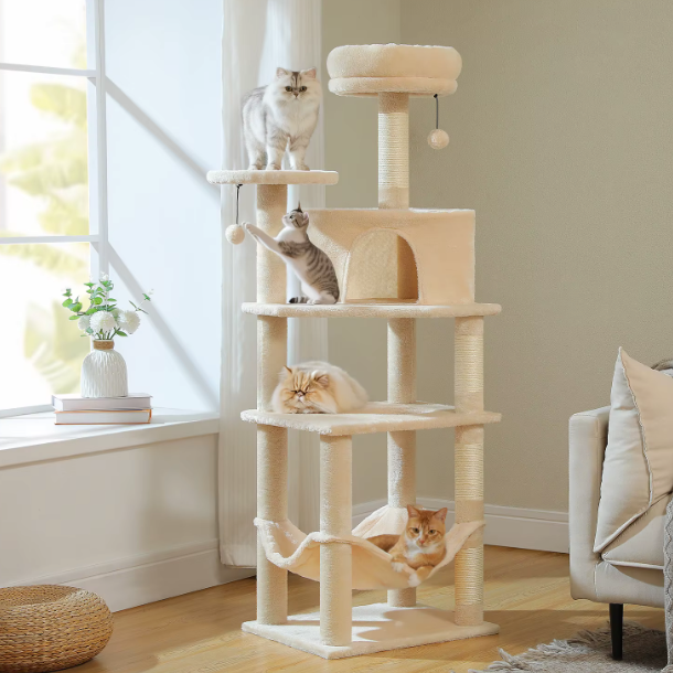 Arbre à chat 140 cm avec niche, hamac et poteaux en sisal