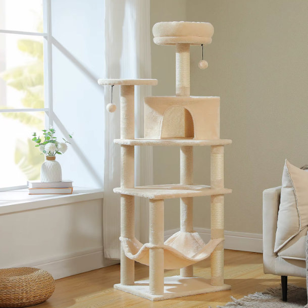 Arbre à chat 140 cm avec niche, hamac et poteaux en sisal