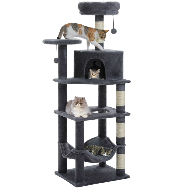 Arbre à chat 140 cm avec niche, hamac et poteaux en sisal