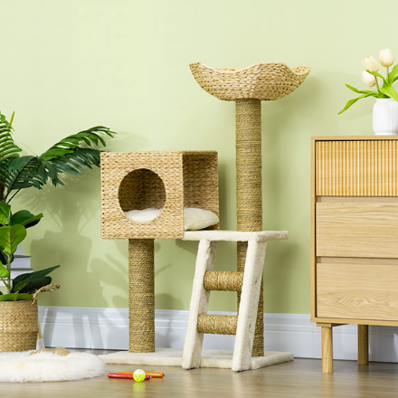 Arbre à chat 100,5 cm avec niche, panier supérieur, échelle et poteaux en sisal