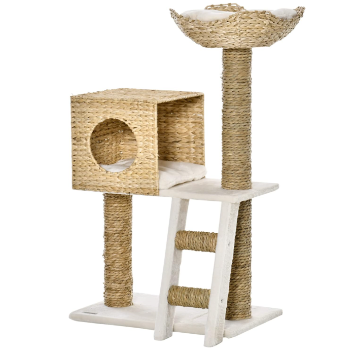 Arbre à chat 100,5 cm avec niche, panier supérieur, échelle et poteaux en sisal