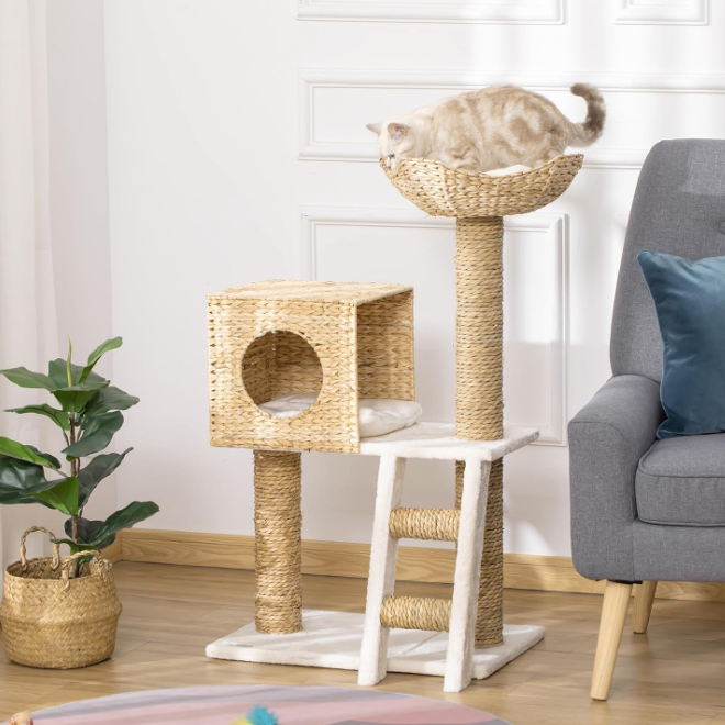 Arbre à chat 100,5 cm avec niche, panier supérieur, échelle et poteaux en sisal
