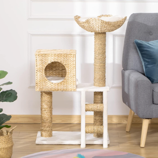 Arbre à chat 100,5 cm avec niche, panier supérieur, échelle et poteaux en sisal