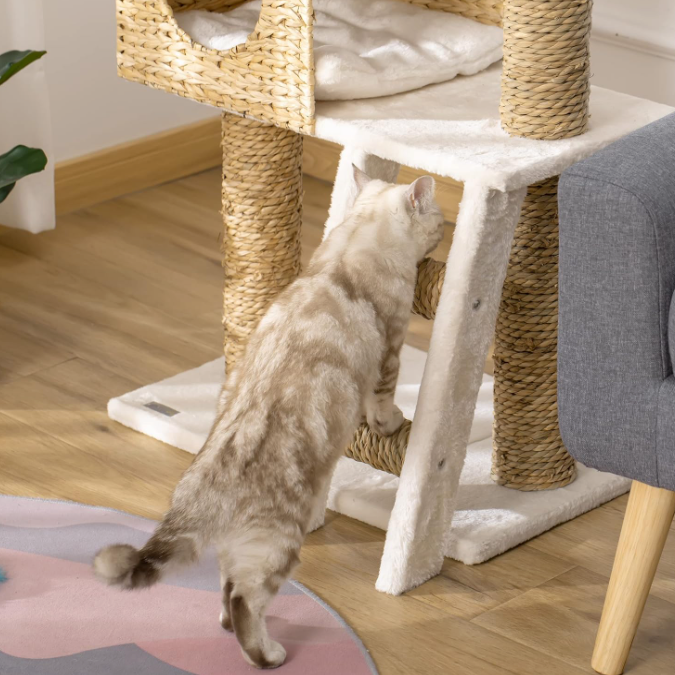 Arbre à chat 100,5 cm avec niche, panier supérieur, échelle et poteaux en sisal
