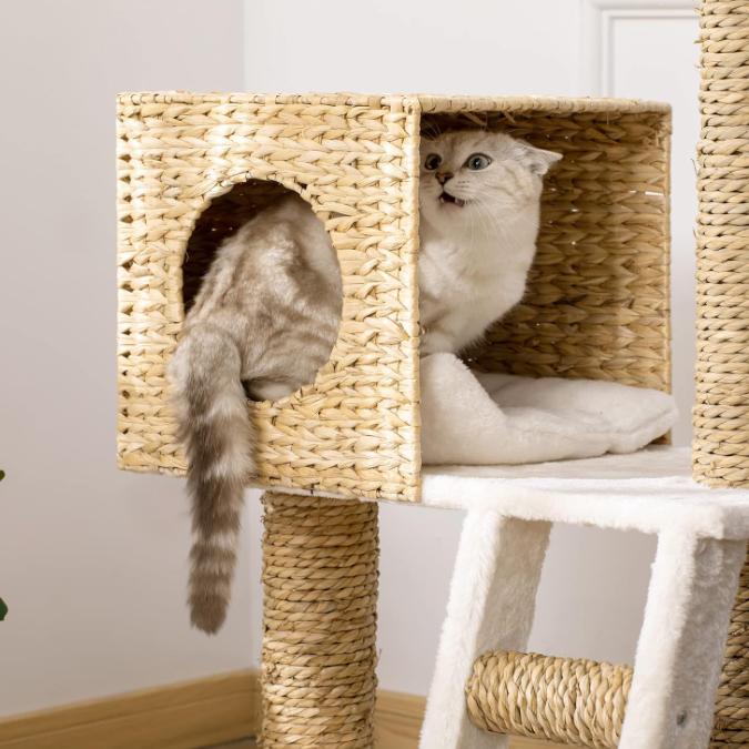 Arbre à chat 100,5 cm avec niche, panier supérieur, échelle et poteaux en sisal