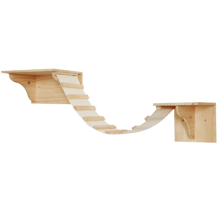 Parcours mural pour chat avec niches en bois, plateformes et pont suspendu