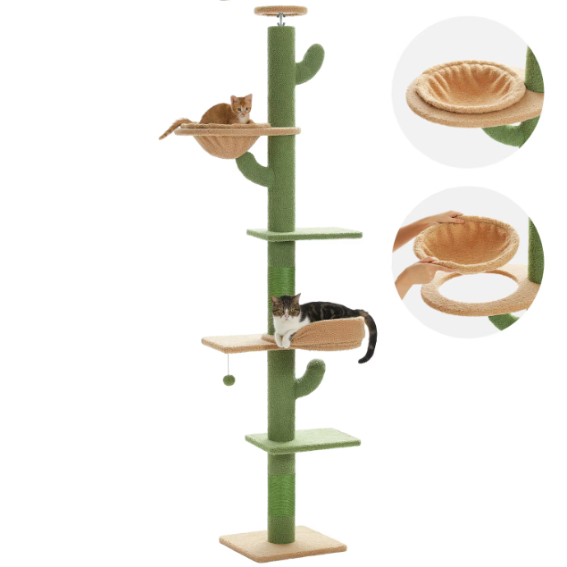 Arbre à chat cactus réglable du sol au plafond avec plateformes et poteaux en sisal