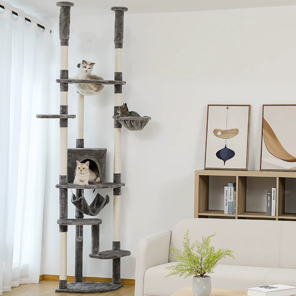 Arbre à chat réglable du sol au plafond avec plateformes, niche et hamacs