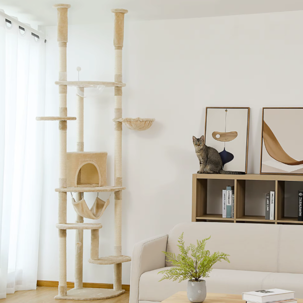 Arbre à chat réglable du sol au plafond avec plateformes, niche et hamacs