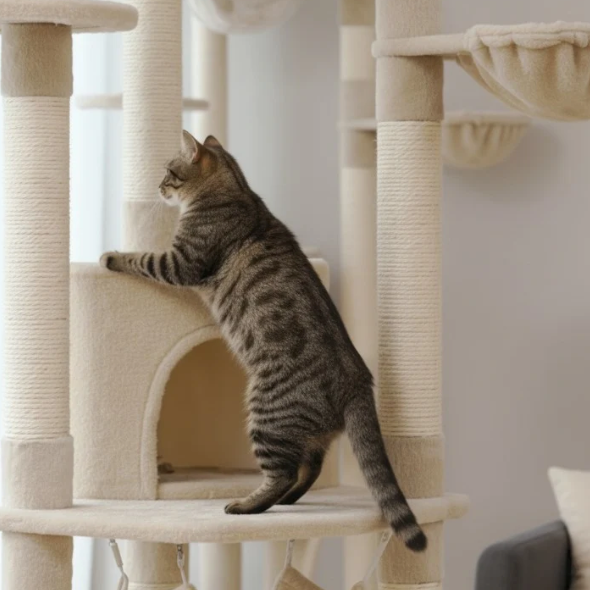 Arbre à chat réglable du sol au plafond avec plateformes, niche et hamacs