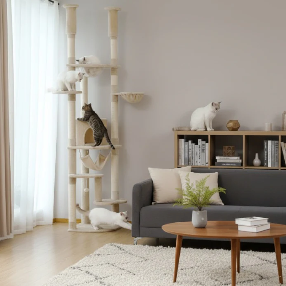Arbre à chat réglable du sol au plafond avec plateformes, niche et hamacs