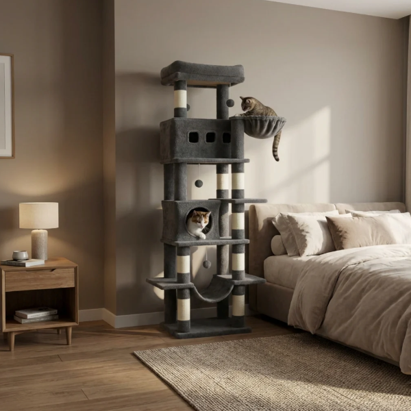 Arbre à chat multi-niveaux avec niche, hamac et plateformes