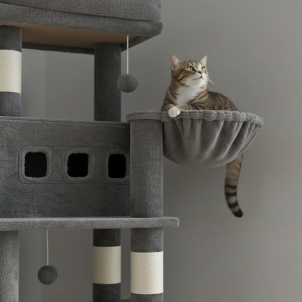 Arbre à chat multi-niveaux avec niche, hamac et plateformes