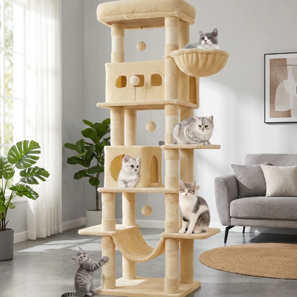 Arbre à chat multi-niveaux avec niche, hamac et plateformes