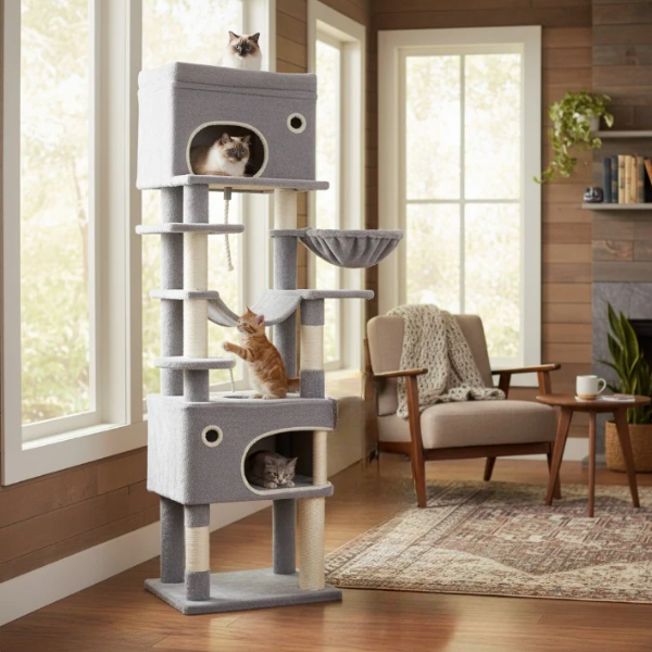 Arbre à chat multi-niveaux 178 cm avec niche, hamac et panier suspendu