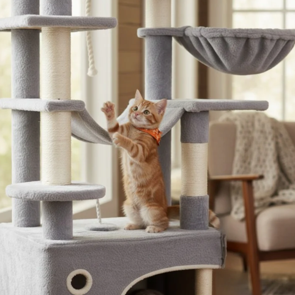Arbre à chat multi-niveaux 178 cm avec niche, hamac et panier suspendu