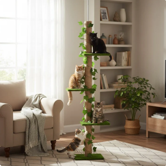 Arbre à chat réglable sol plafond avec plateformes et poteau en jute