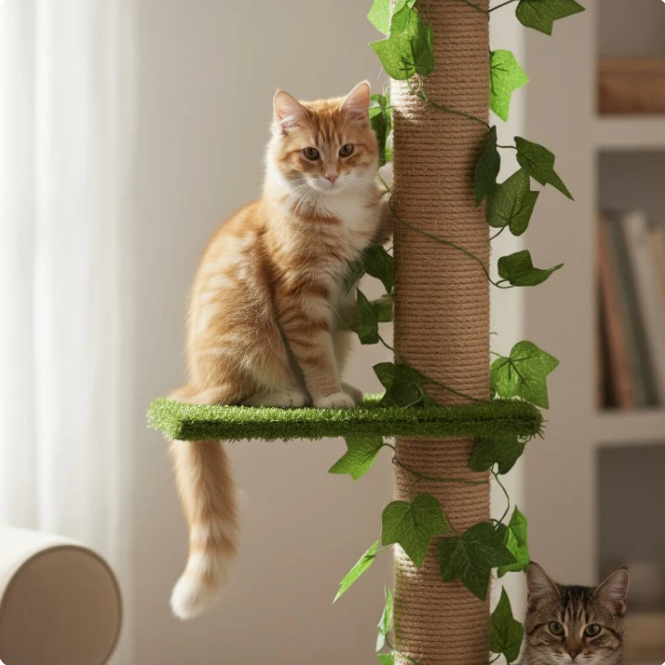 Arbre à chat réglable sol plafond avec plateformes et poteau en jute