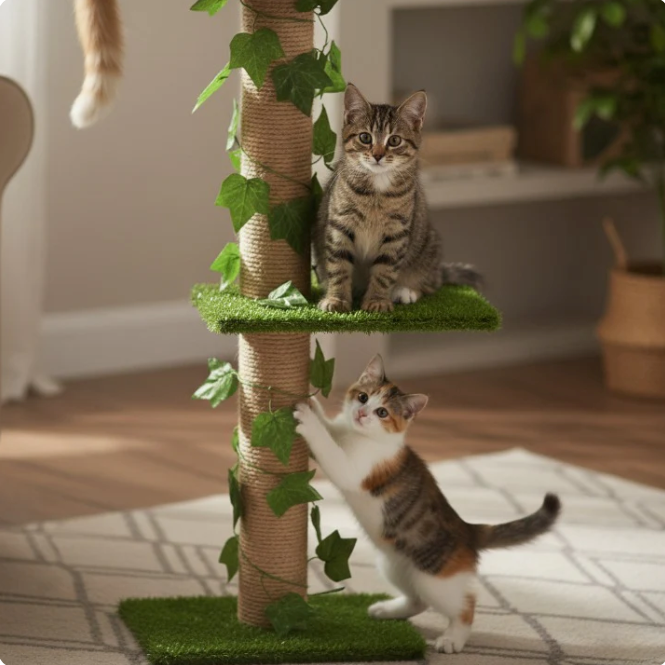 Arbre à chat réglable sol plafond avec plateformes et poteau en jute