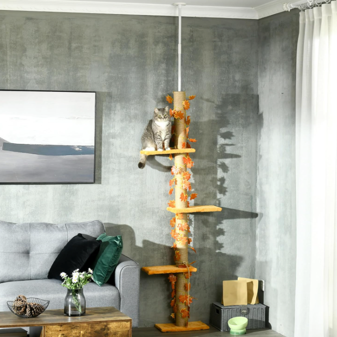 Arbre à chat réglable sol plafond avec plateformes et poteau en jute