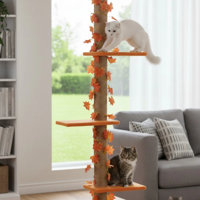 Arbre à chat réglable sol plafond avec plateformes et poteau en jute